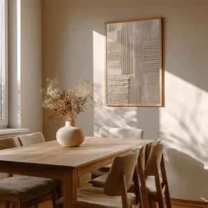 Dining area with wooden table, cushioned chairs, and a vase of dried flowers. Japandi Abstract Wall Art on the wall adds soft texture to the calm, minimalist space.