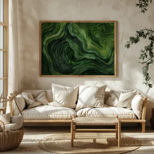 Cozy room with a beige sofa, plush cushions, wooden coffee table, and Japanese Green Abstract Art above. Soft light and calm tones.
