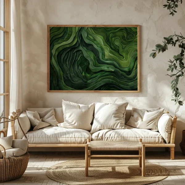 Cozy room with a beige sofa, plush cushions, wooden coffee table, and Japanese Green Abstract Art above. Soft light and calm tones.