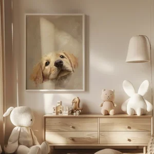 Golden Retriever Puppy Art above a wooden dresser in a softly lit nursery with plush toys and blocks.