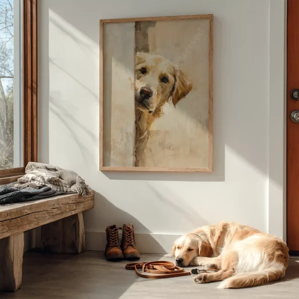 Golden retriever sleeping near the door with a leash on the floor. Golden Retriever Wall Art hangs above a cozy bench with folded blankets, bathed in warm sunlight.