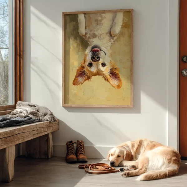 A sleeping golden retriever lies beside a leash under a framed, upside-down Golden Retriever Dog Wall Art. Nearby, rustic bench with boots and folded blankets.