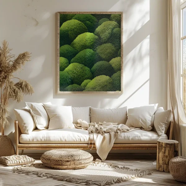 Cream-toned living room with layered cushions, earthy decor, and a framed Japanese Green Wall Art painting on a sunlit wall.