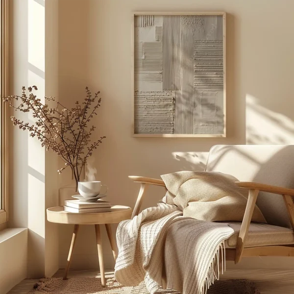 Cozy beige armchair with a draped blanket and pillow in a sunlit corner. A steaming cup and books rest on a small table beside minimalist Japandi Abstract Wall Art.