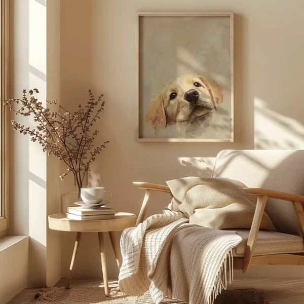 Framed Golden Retriever Puppy Art above a beige armchair with a blanket, sunlit room.