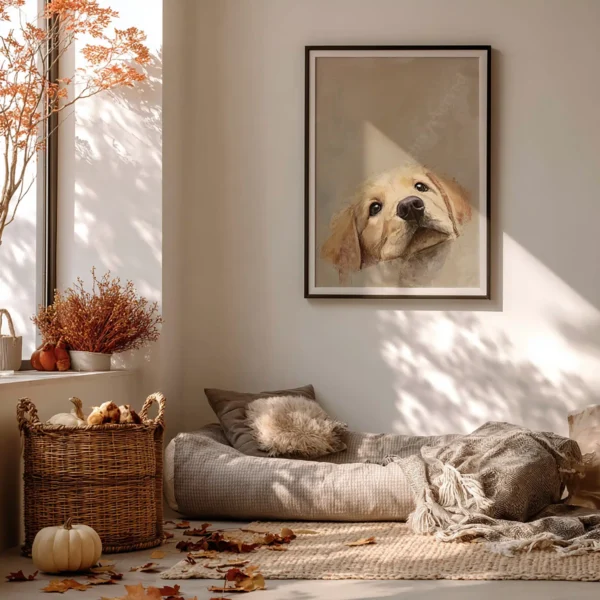 Golden Retriever Puppy Art above a bed with autumn leaves and soft sunlight.
