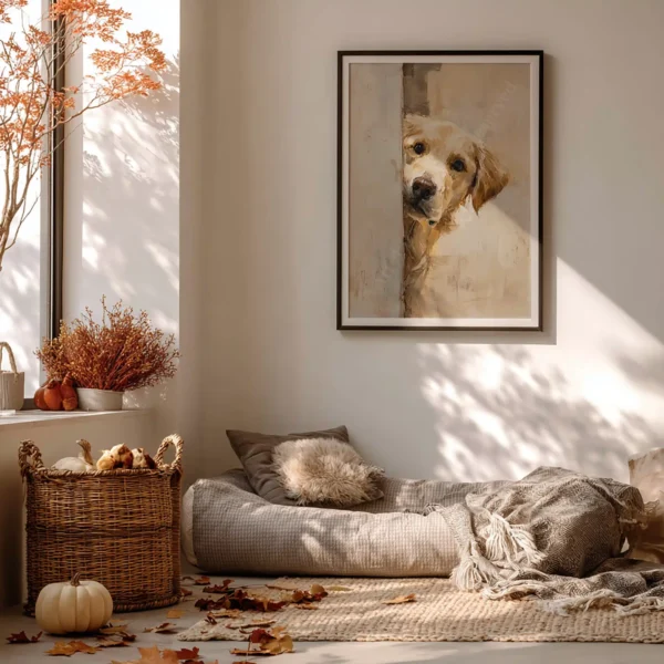 Cozy room with autumn decor, a framed Golden Retriever Wall Art near a window with orange leaves, and soft pillows on a textured rug.