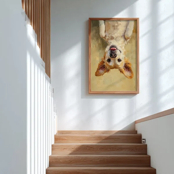 Wooden staircase with soft sunlight casting shadows on white walls. A cheerful Golden Retriever Dog Wall Art hangs midway, adding warmth and charm.