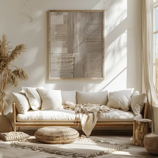 Bright living room with a white sofa, woven rug, and rustic accents. A large Japandi Abstract Wall Art piece anchors the neutral-toned space in soft sunlight.