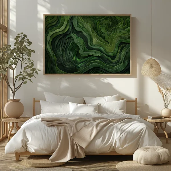 Cozy bedroom with white bed, beige blanket, potted plant, soft light, and Japanese Green Abstract Art on the wall.