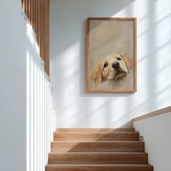 Framed Golden Retriever Puppy Art with expressive eyes hanging beside wooden stairs.