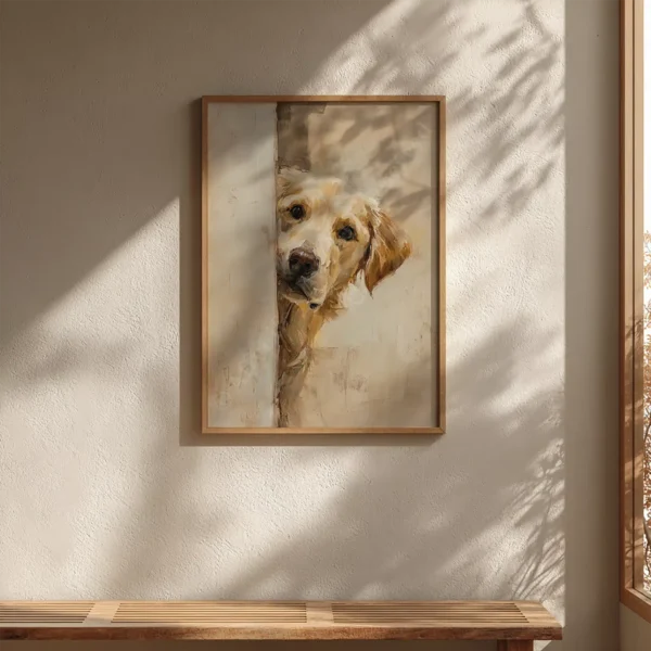 Framed Golden Retriever Wall Art of a dog peeking around a corner, mounted on a textured wall with soft shadows and warm sunlight.