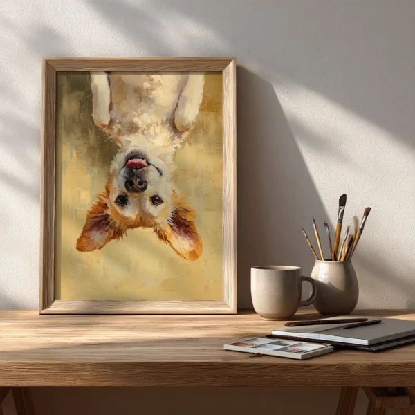 Framed Golden Retriever Dog Wall Art of an upside-down puppy with a playful expression, resting on a wooden desk with a mug and art supplies.