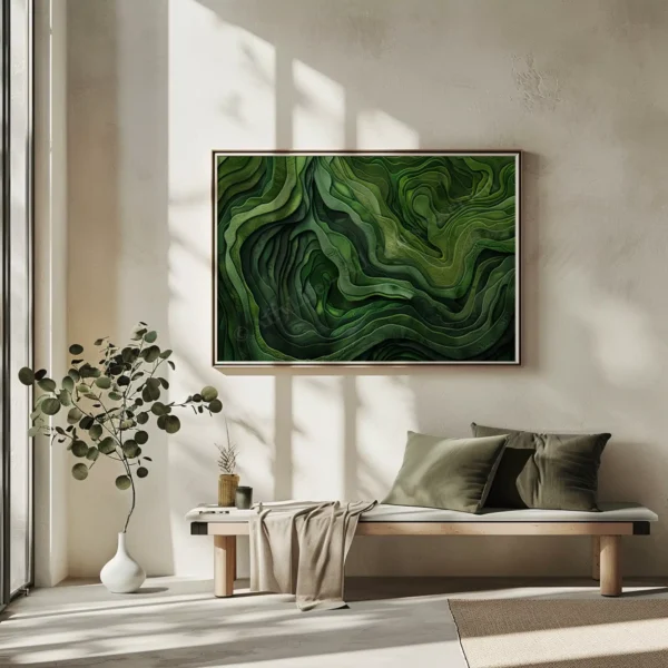 Serene living room with large Japanese Green Abstract Art, a bench with green cushions and beige throw, and a tall plant nearby.