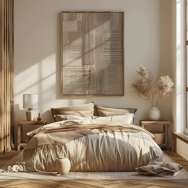 Neutral-toned bedroom with a plush bed and a large Japandi Abstract Wall Art above. Sunlight filters in, highlighting pampas grass in a nearby vase.
