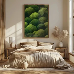 Cozy bedroom with a neutral-toned bed and pillows. A large Japanese Green Wall Art with abstract foliage hangs above, bathed in natural light.