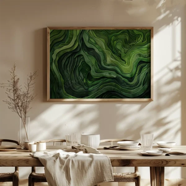 Dining room with wooden table and set plates. A textured Japanese Green Abstract Art hangs above, with soft natural light.