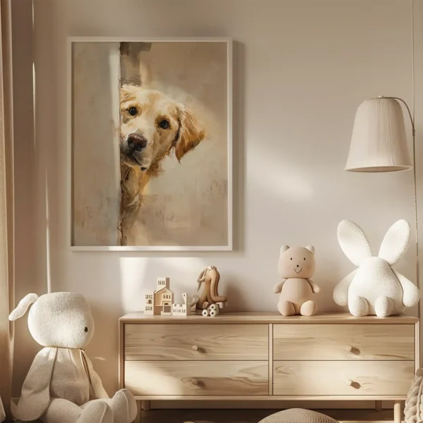 A cozy nursery with plush toys and wooden blocks on a dresser, with a framed Golden Retriever Wall Art of a dog peeking around a corner.