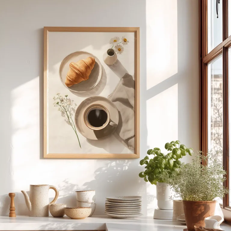 Framed Free Japandi Breakfast Illustration of a croissant and coffee hanging on a sunlit wall, with stacked pottery and potted plants below.