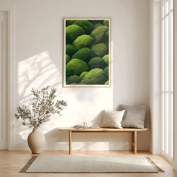 Minimalist room with wood bench, neutral cushions, and a potted plant. A framed Japanese Green Wall Art hangs above, radiating tranquility.