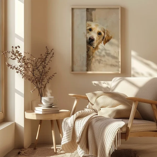 Beige-toned room with a framed Golden Retriever Wall Art of a peeking dog. A chair with a blanket and dried flowers create a cozy ambiance.