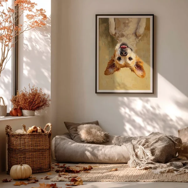 Cozy autumn room with warm sunlight, a framed Golden Retriever Dog Wall Art, and soft textures like a plush cushion and woven basket.