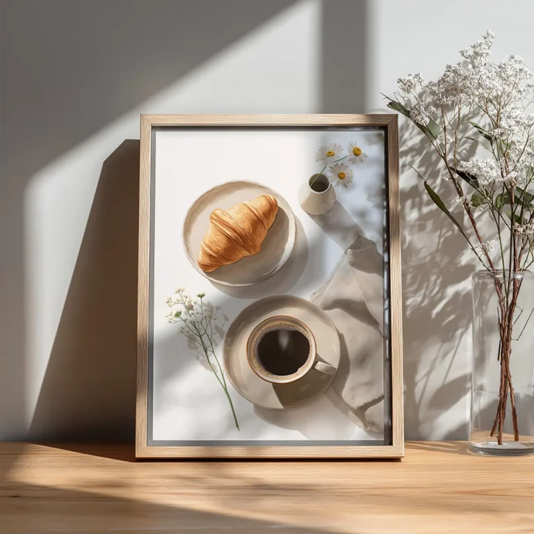 A framed Free Japandi Breakfast Illustration featuring a croissant, coffee, and daisies on a plate. The setting is calm and intimate.
