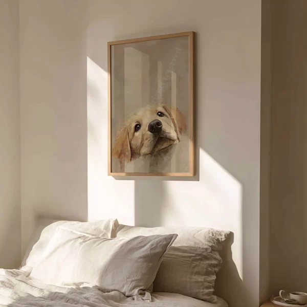 Golden Retriever Puppy Art above an unmade bed with white pillows, bathed in soft sunlight.