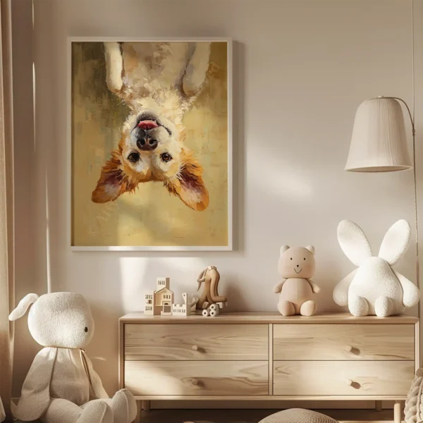 A soft beige room with an upside-down Golden Retriever Dog Wall Art. Plush toys and wooden elements complete the cozy, playful atmosphere.