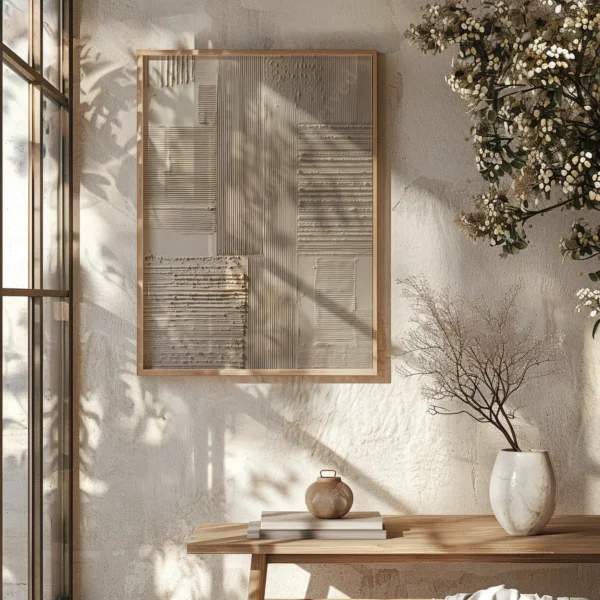 Framed Japandi Abstract Wall Art in a softly sunlit room. A vase with flowers, jug, and books rest on a wooden table. Shadows of trees add a peaceful feel.