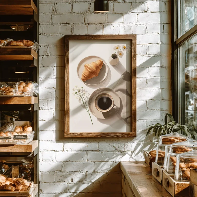 Framed Free Japandi Breakfast Illustration of coffee and croissant on a sunlit brick wall in a cozy bakery with shelves of pastries and greenery.
