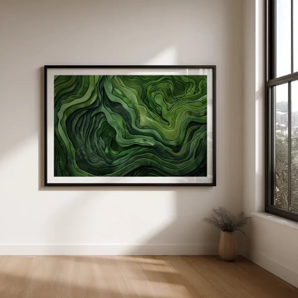 Abstract Japanese Green Abstract Art with swirling green patterns hangs on a sunlit wall, casting shadows on the wooden floor.