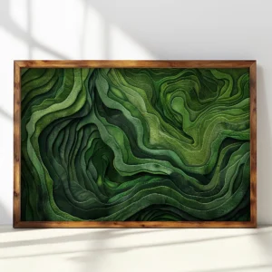 Framed Japanese Green Abstract Art featuring layered green textures resembling a topographic map, adding movement and depth.