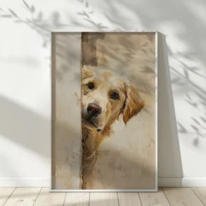 A framed Golden Retriever Wall Art of a peeking dog rests on a wooden floor. Soft sunlight and leaf shadows create a peaceful atmosphere.