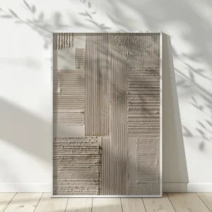 Beige-toned Japandi Abstract Wall Art with soft linear textures. Shadows of leaves fall gently on the wall and floor, enhancing the calm atmosphere.