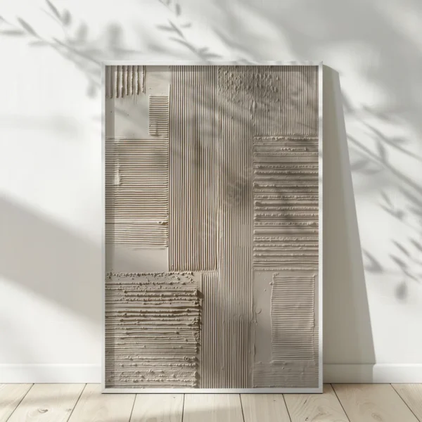 Beige-toned Japandi Abstract Wall Art with soft linear textures. Shadows of leaves fall gently on the wall and floor, enhancing the calm atmosphere.