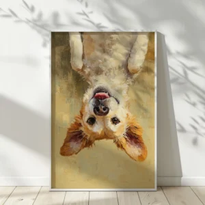 A joyful upside-down golden retriever with bright eyes and fluffy fur on a soft beige background. Leaf shadows dance on the nearby wall.