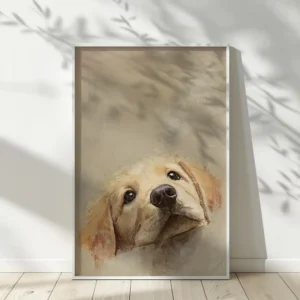 Framed Golden Retriever Puppy Art with curious expression, soft leaf shadows on a white wall.