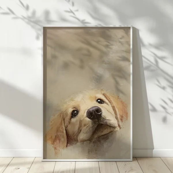 Framed Golden Retriever Puppy Art with curious expression, soft leaf shadows on a white wall.