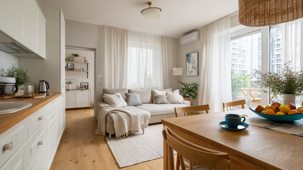 Wide-angle view of a calm corner in a tidy modern apartment with open layout: neutral sofa, soft cushions, kitchen with everyday items, and light filtering through sheer curtains.