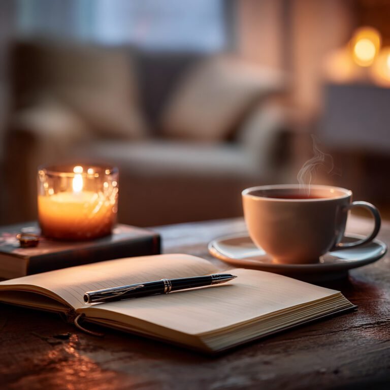 Flat lay of Japandi reset routine essentials: candle, gratitude journal, and linen textiles"
