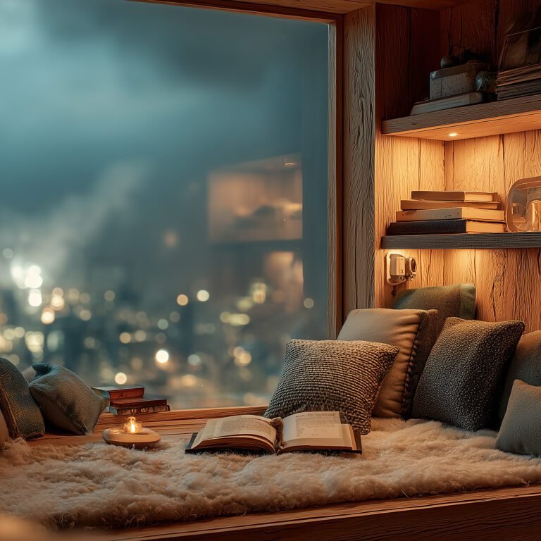 Calm Japandi-inspired reading nook with natural textures and light, ideal for quiet moments in a Japandi reset routine