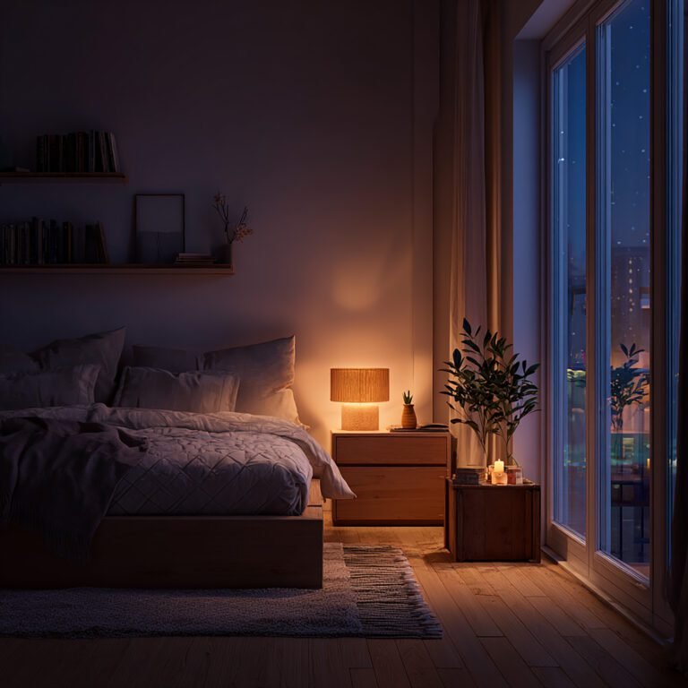 Cozy Japandi-style bedroom with soft lighting and minimalist decor, perfect for an evening Japandi reset routine