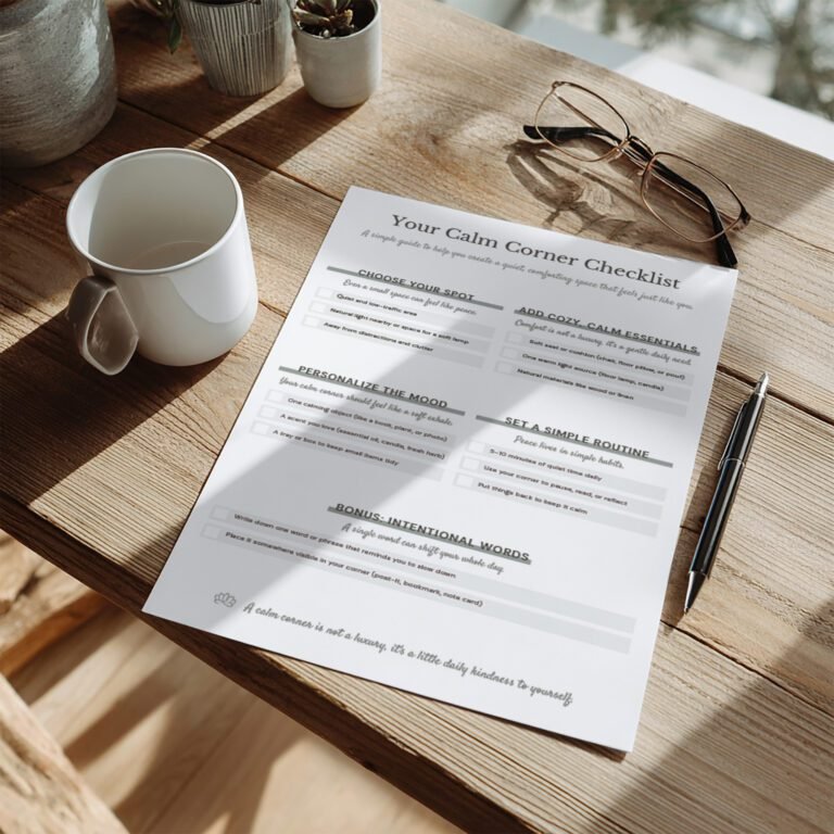 Flatlay of a calm corner with a blank printed PDF on a wooden or white desk, ceramic mug, pen, and soft daylight casting natural shadows.