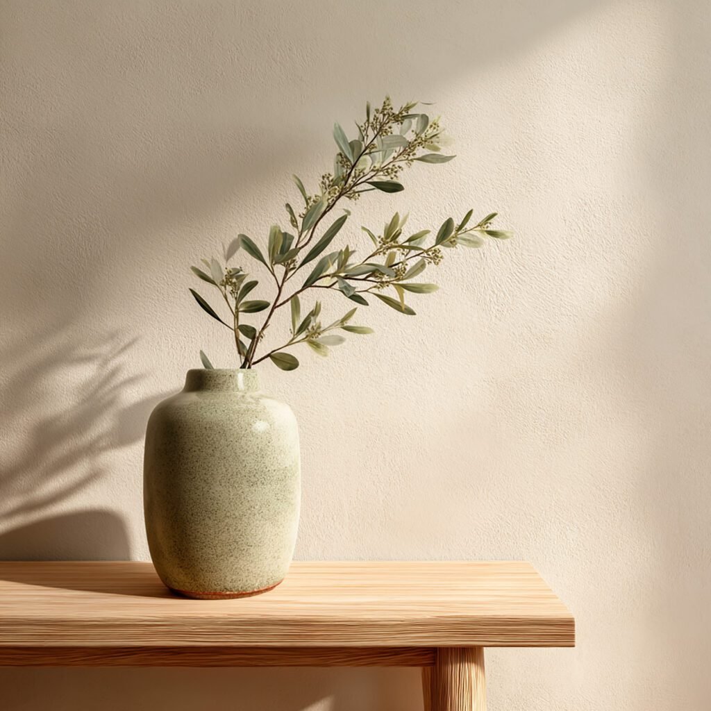 A single ceramic cup and wooden tray in Japandi style, symbolizing the simplicity of a Japandi reset routine