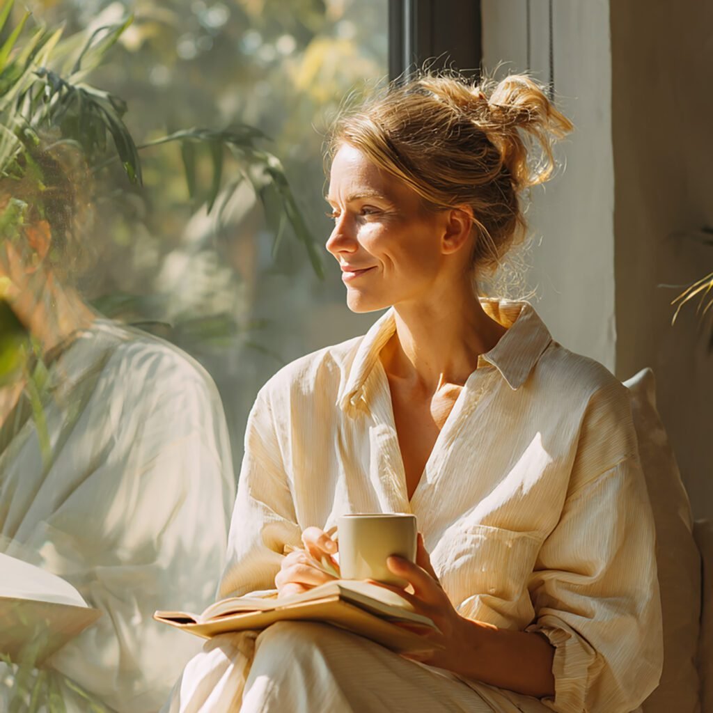 Peaceful morning scene featuring tea, journal, and sunlight as part of a calming Japandi reset routine