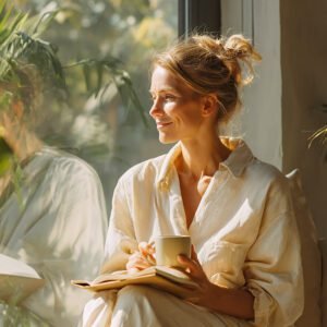 Peaceful morning scene featuring tea, journal, and sunlight as part of a calming Japandi reset routine