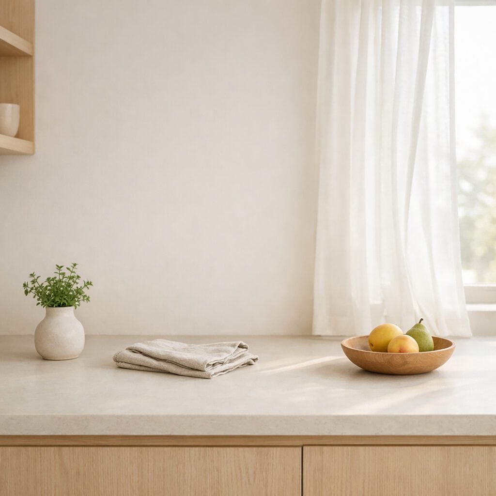 Minimalist Spring Refresh featuring a Japandi style kitchen counter with a white vase, small plant, folded cloth and wooden fruit bowl in soft sunlight