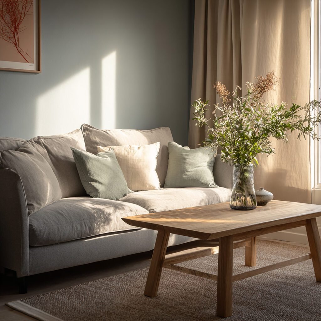 Minimalist Spring Refresh showing a cozy living room with light gray sofa, pastel cushions, wooden coffee table and greenery in soft sunlight