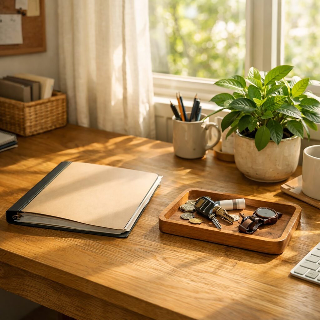 Minimalist Spring Refresh showing a sunlit wooden desk with a neutral folder, potted plant, tray with keys and coins, and a tidy cup of pens